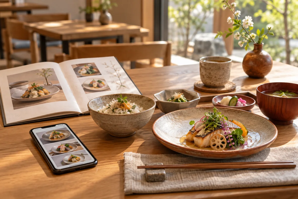 料理と紙のメニュー、スマートフォンを並べた活用イメージ