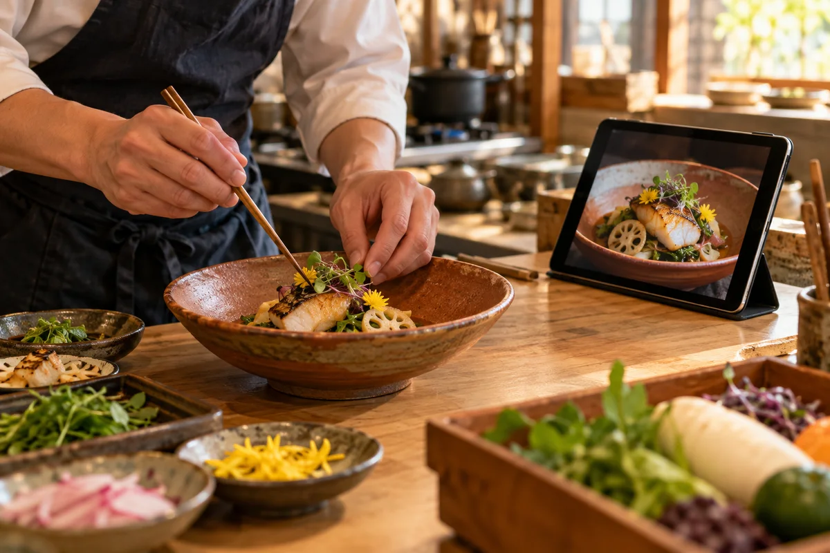料理の盛り付けと動画を伝える場面のイメージ