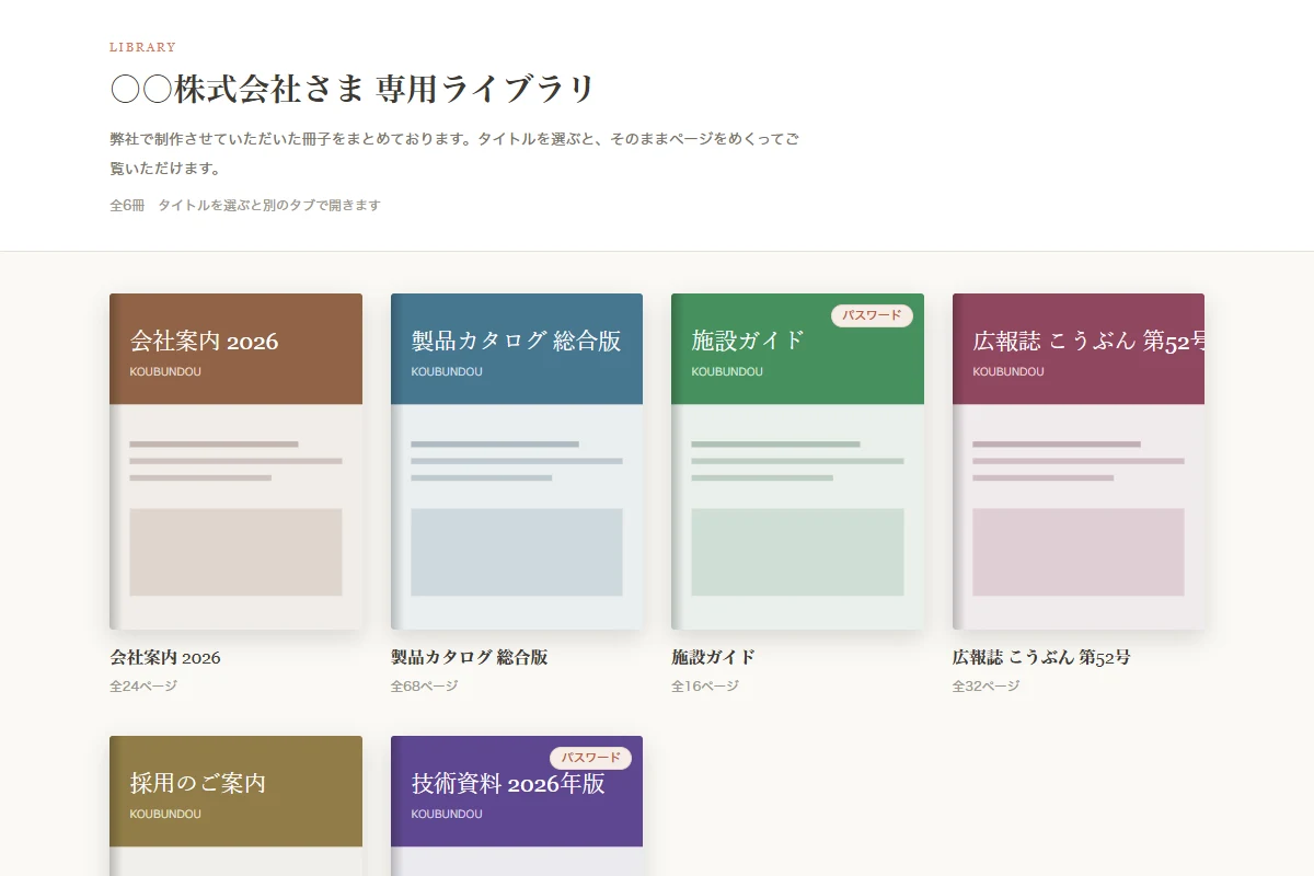 冊子ライブラリのブランディング型で架空の資料を並べた画面です。